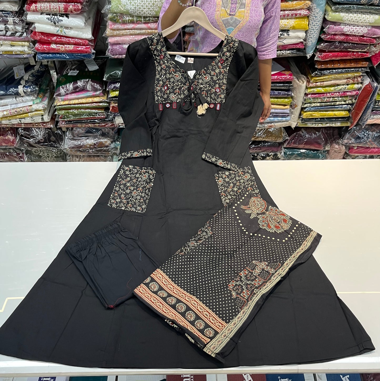 Readymade premium DAABU cotton A-line suit set 'SIDE POCKETS STYLE' with patchwork embroidery(along with print cotton dupatta)