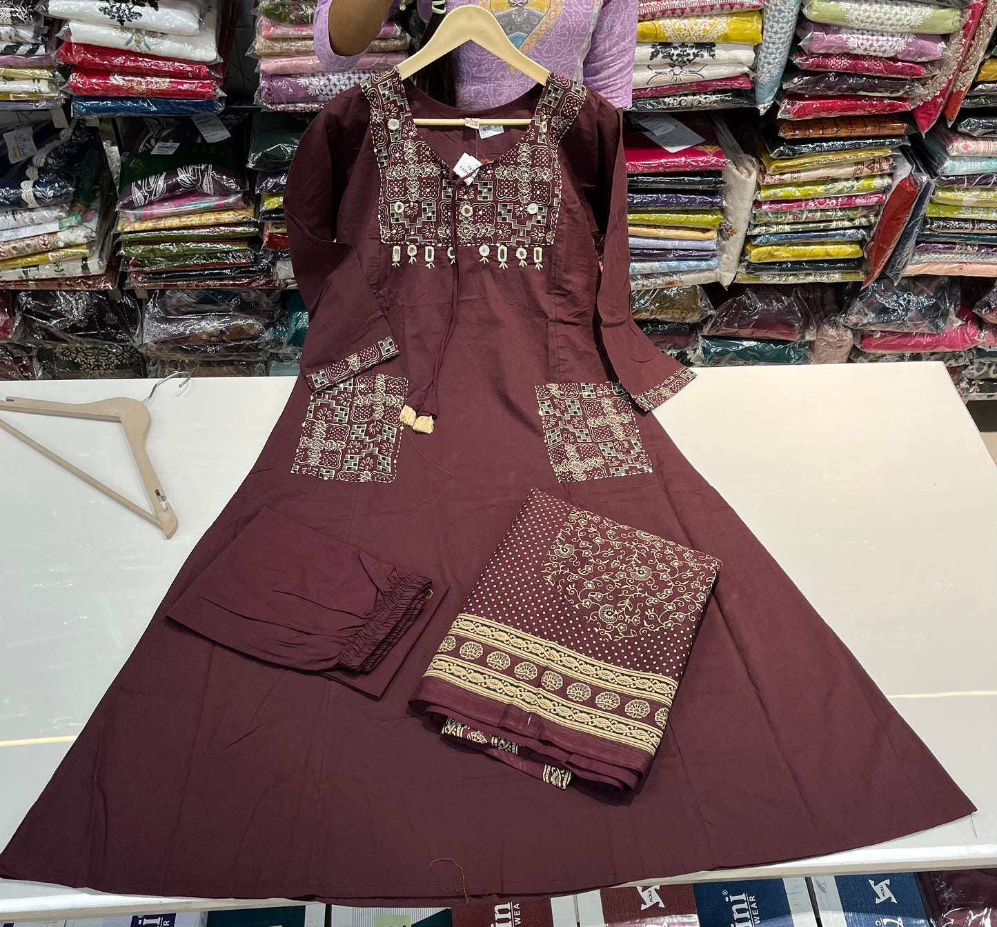 Readymade premium DAABU cotton A-line suit set 'SIDE POCKETS STYLE' with patchwork embroidery(along with print cotton dupatta)