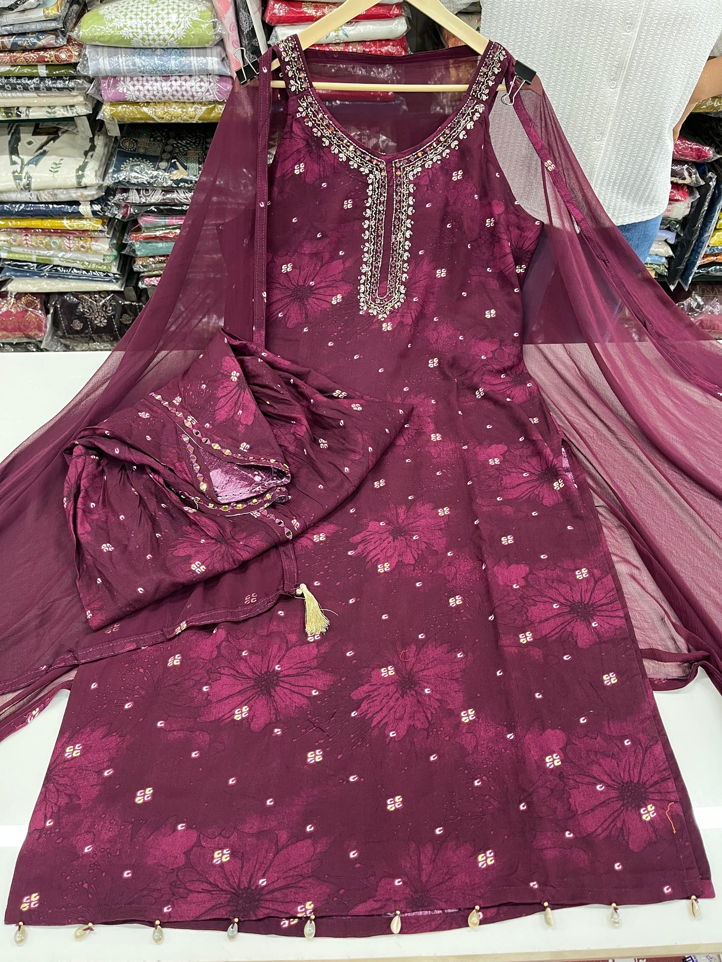 Readymade kurta set with Tulip pants (Mirror work highlights on full neckline)