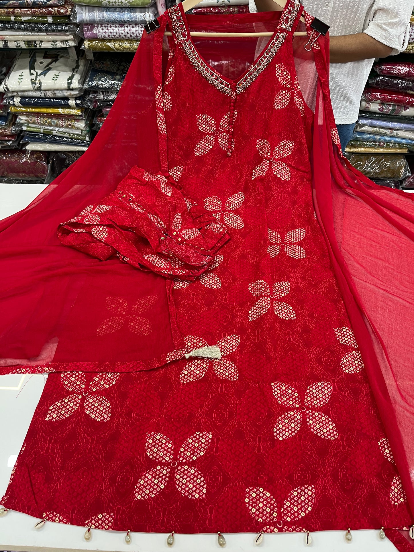 Readymade kurta set with Tulip pants (Mirror work highlights on full neckline)