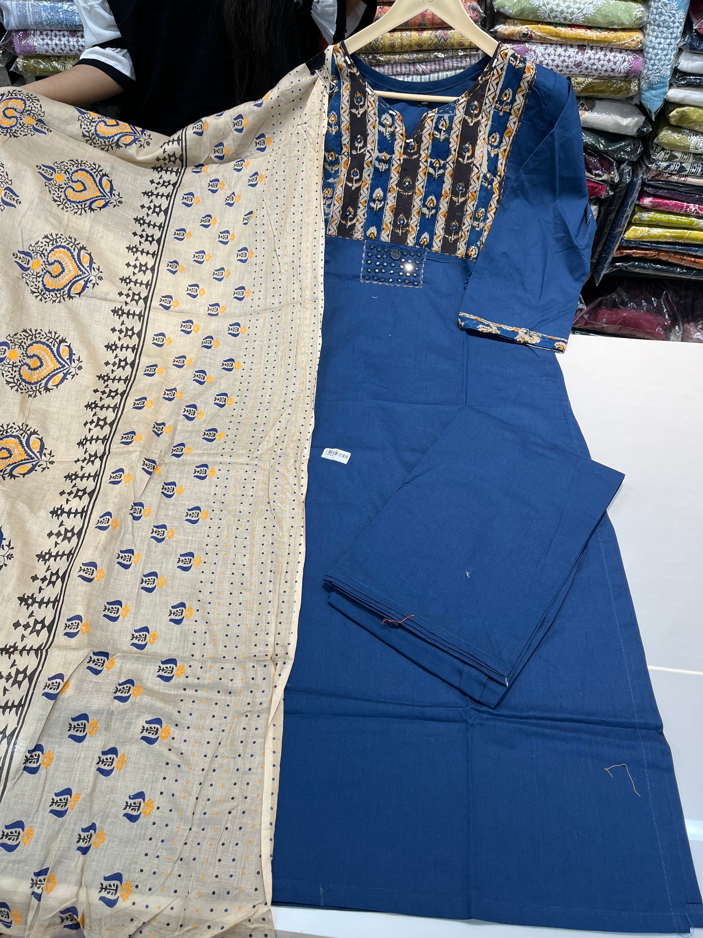'DAABU COTTON' designer straight kurta set with premium patch work embroidery (along with cotton dupatta)