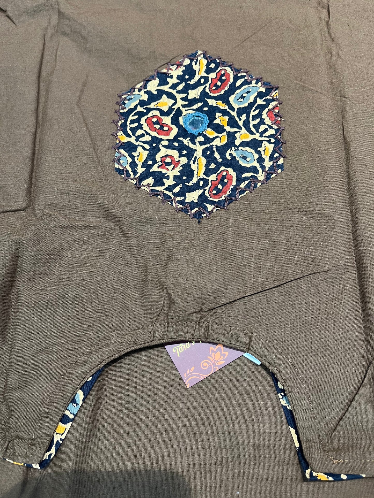 Readymade premium DAABU cotton A-line suit set 'SIDE POCKETS STYLE' with patchwork embroidery(along with print cotton dupatta)