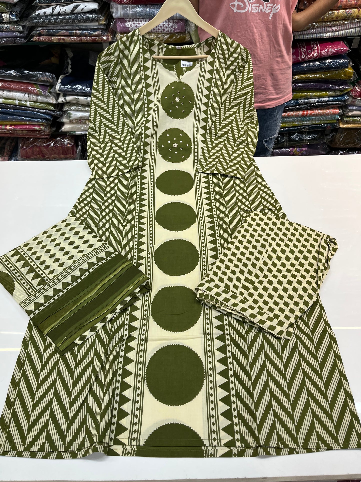 BATIK printed premium kurta set, cambric cotton fabric with highlighting on neckline (along with cotton dupatta)