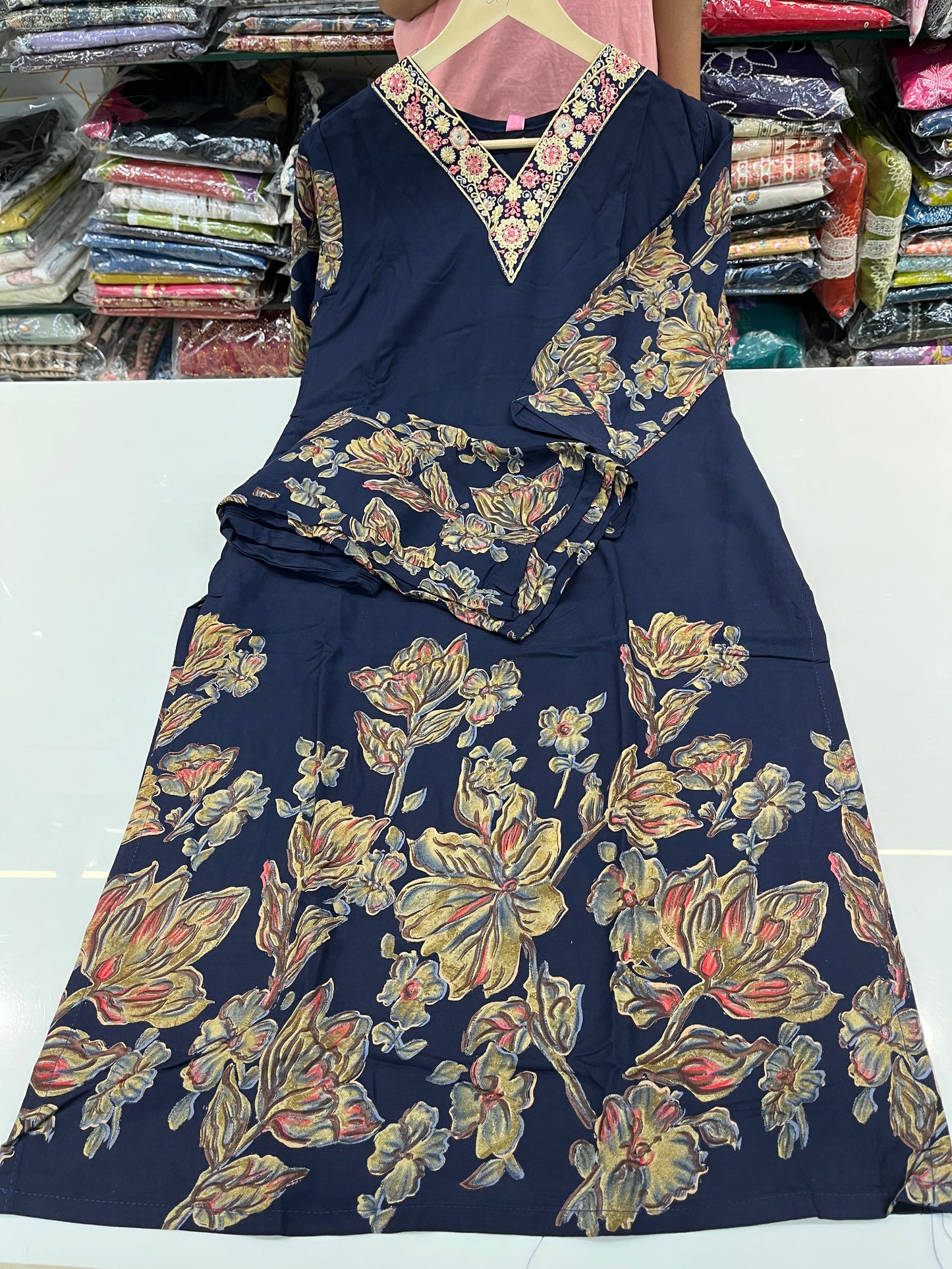 Digital rayon knee length coord set with beautiful embroidered V-NECK style