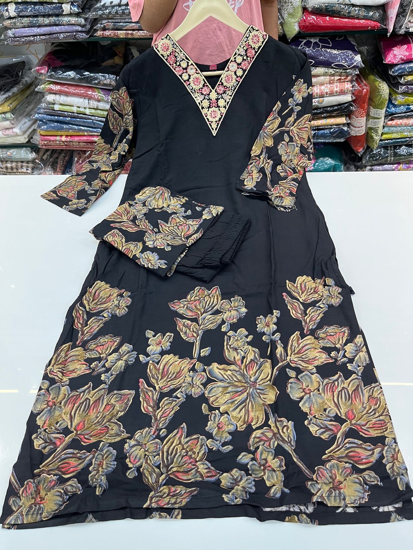 Digital rayon knee length coord set with beautiful embroidered V-NECK style