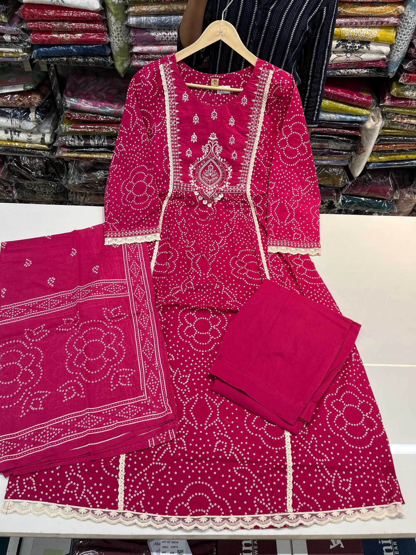 Premium jaipuri cotton A_LINE kurta set, beautiful threadwork highlighting on neckline (along with cotton dupatta)