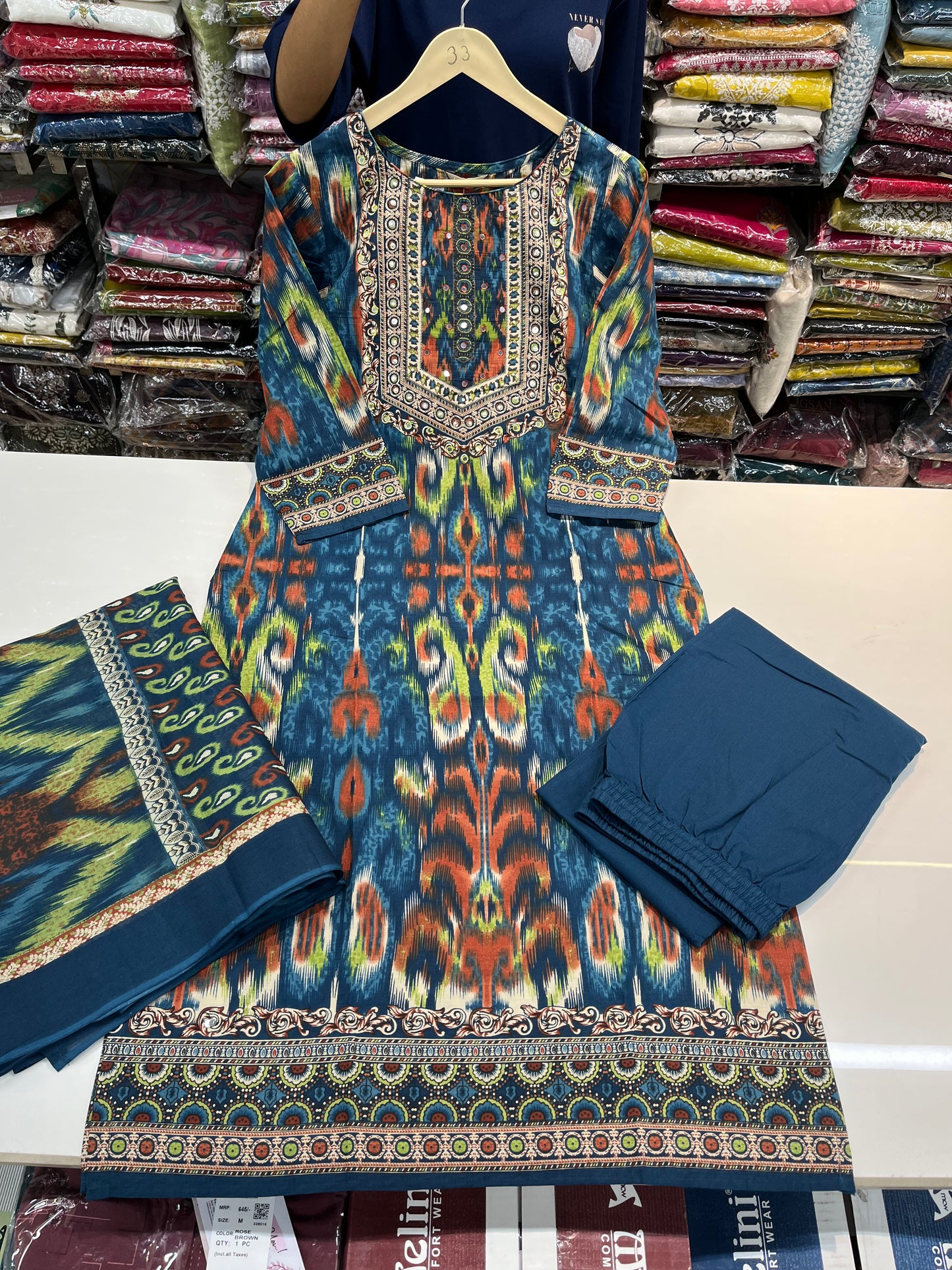 AJRAKH prints special premium kurta set, cambric cotton fabric with highlighting on neckline (along with cotton dupatta)