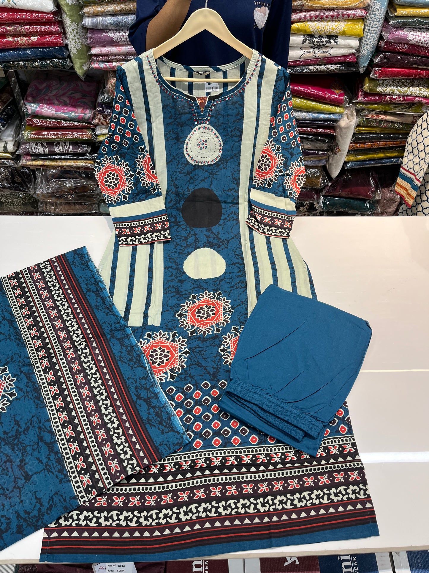 AJRAKH prints special premium kurta set, cambric cotton fabric with highlighting on neckline (along with cotton dupatta)