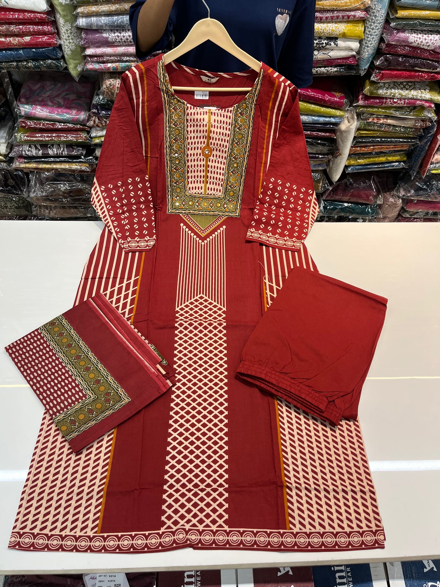 AJRAKH prints special premium kurta set, cambric cotton fabric with highlighting on neckline (along with cotton dupatta)