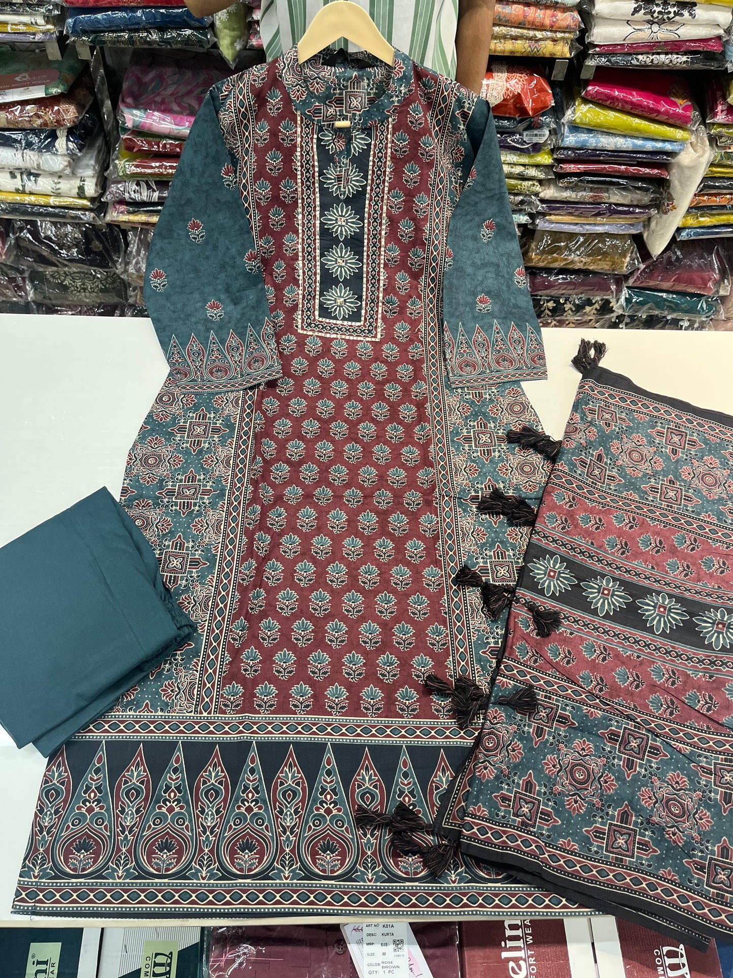LUXURY Premium kurta set, pure cotton fabric with beautiful sequence embroidery on neckline (along with digital cotton dupatta with TASSELS)