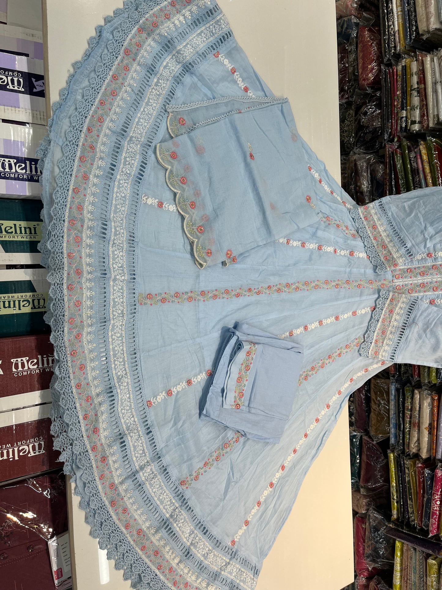 'ENGLISH BLUE' Premium mull cotton anarkali suit set with beautiful threadwork embroidery all over front (along with pants and mulmull cutwork dupatta)