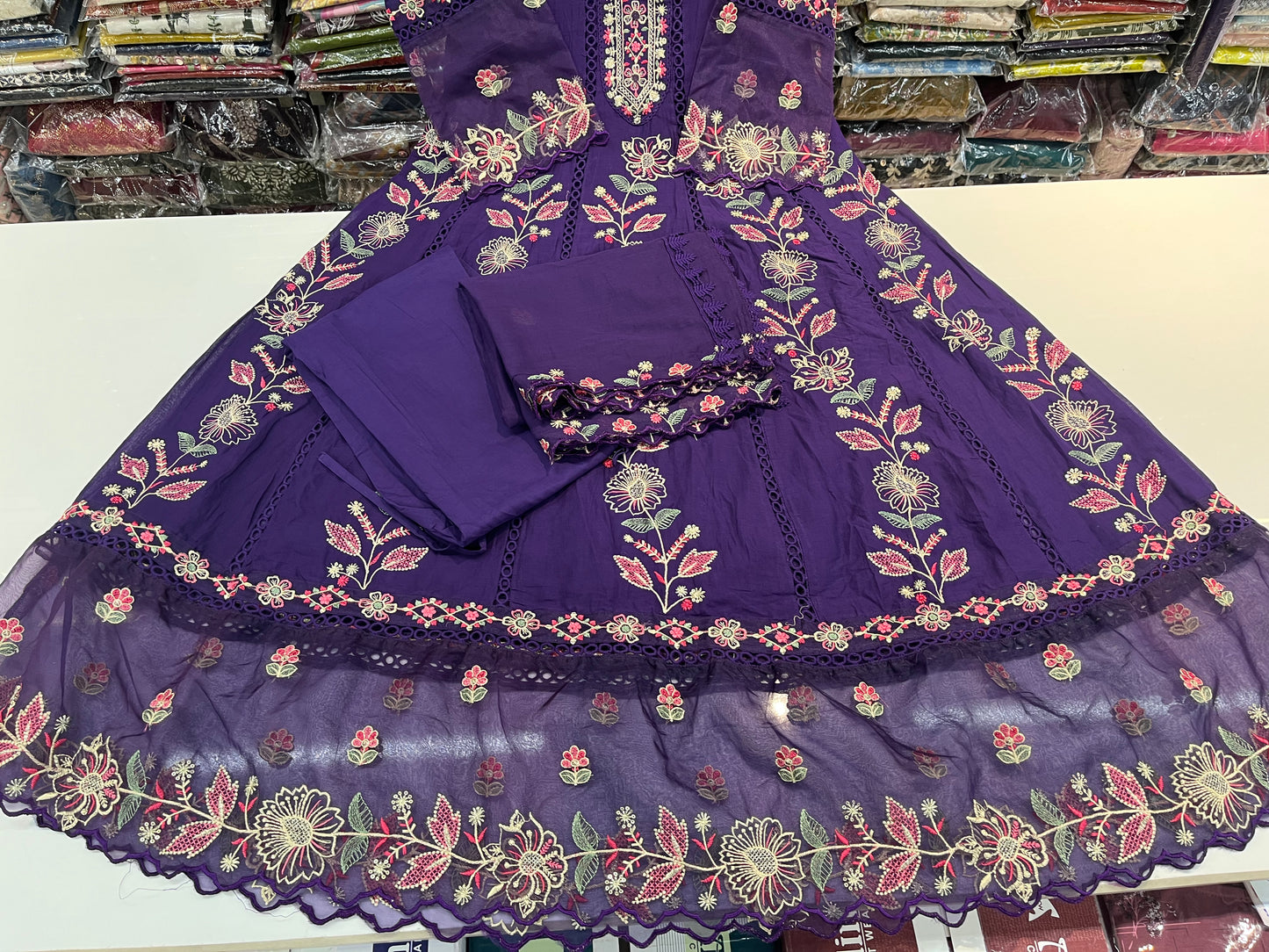 'dark purple' Premium mull cotton anarkali suit set with beautiful threadwork embroidery all over front (along with pants and mulmull cutwork dupatta)