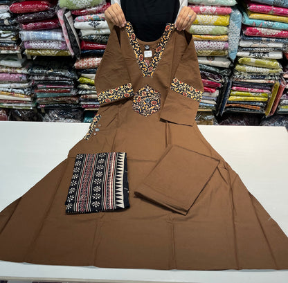 Readymade premium DAABU cotton A-line suit set 'SIDE POCKETS STYLE' with patchwork embroidery(along with print cotton dupatta)