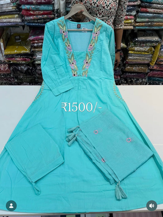 Readymade A-line cotton 3pc suit set (Pockets embroidery)