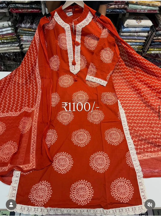 Readymade cotton ajrak 3pc suit set with chicken plazo