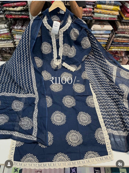 Readymade cotton ajrak 3pc suit set with chicken plazo