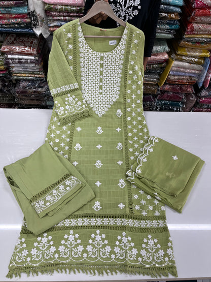 Readymade embossed cotton Lucknowi embroidered suit set (Copy)