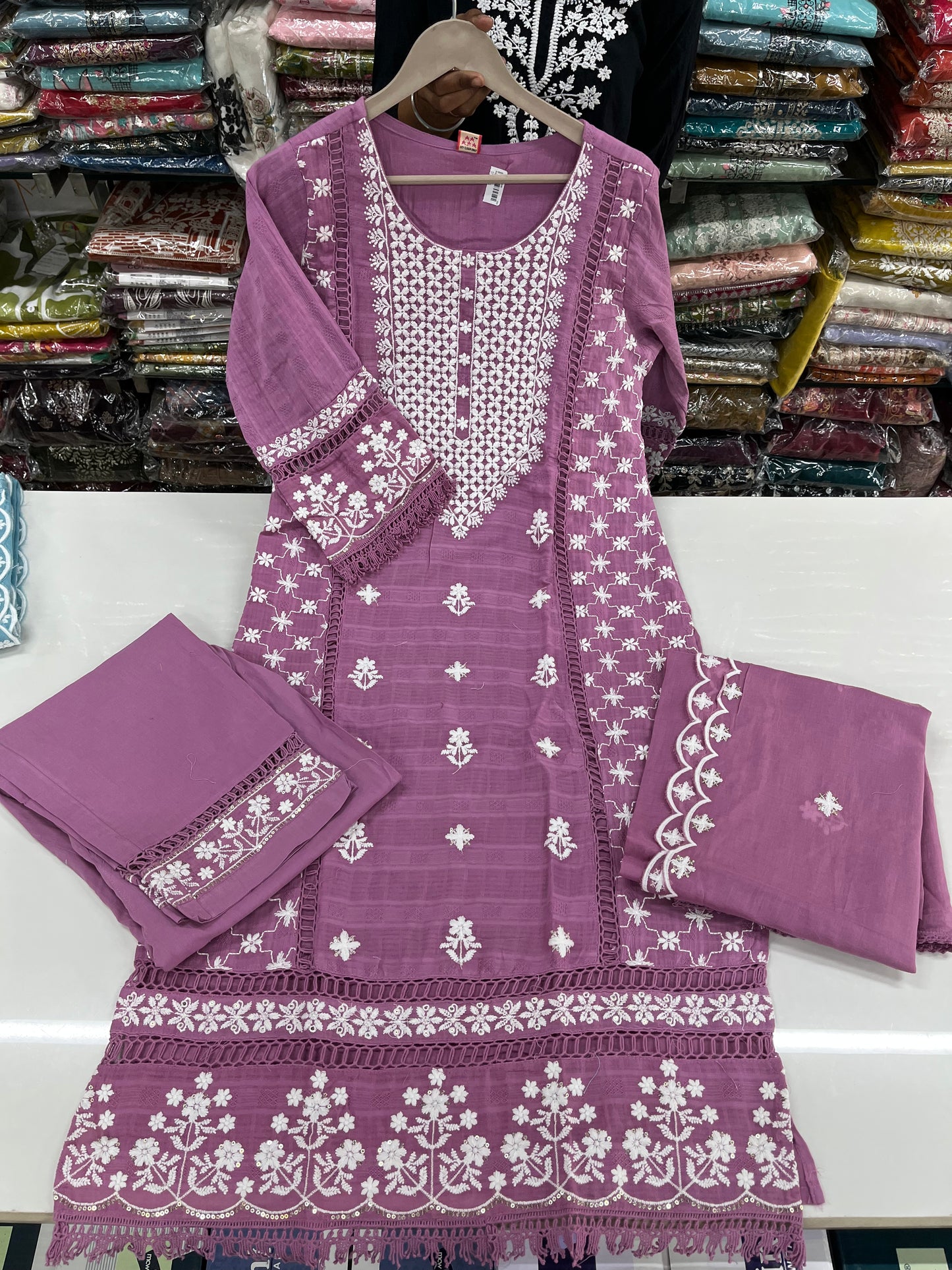 Readymade embossed cotton Lucknowi embroidered suit set