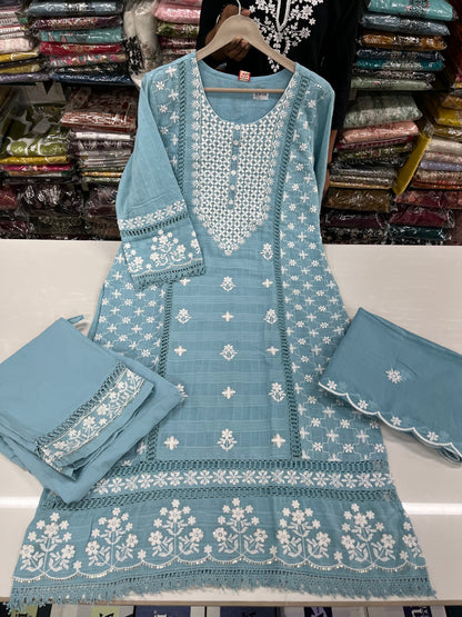 Readymade embossed cotton Lucknowi embroidered suit set