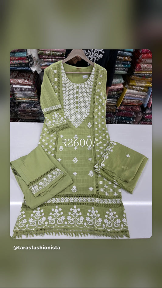 Readymade embossed cotton Lucknowi embroidered suit set (Copy)