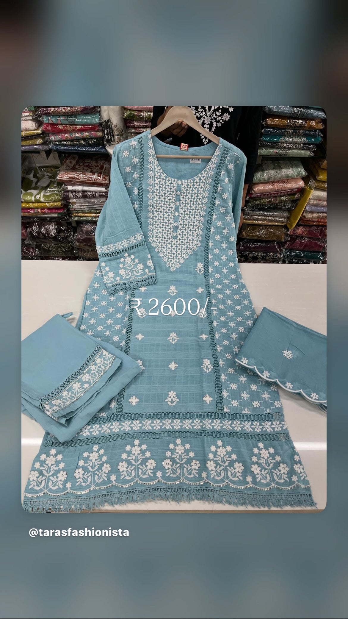 Readymade embossed cotton Lucknowi embroidered suit set