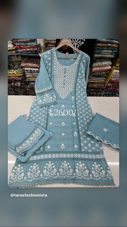 Readymade embossed cotton Lucknowi embroidered suit set