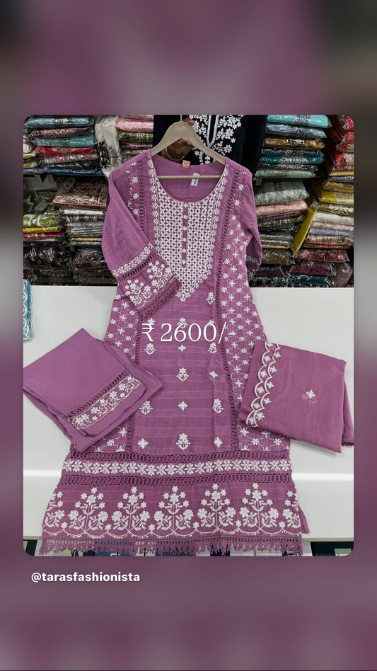 Readymade embossed cotton Lucknowi embroidered suit set