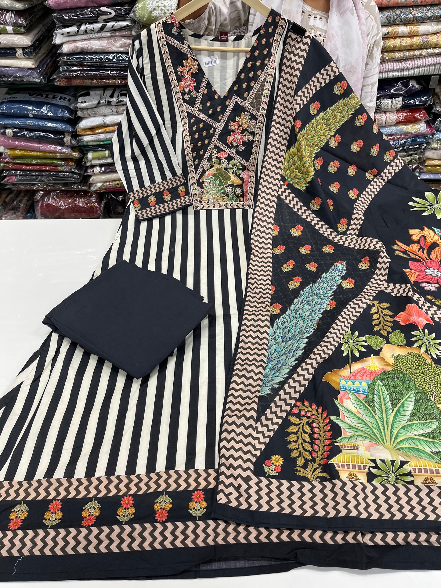 Readymade A line Striped black white suit set with digital dupatta