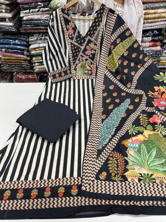 Readymade A line Striped black white suit set with digital dupatta