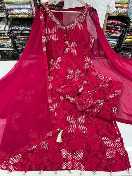 Readymade kurta set with Tulip pants (Mirror work highlights on full neckline)