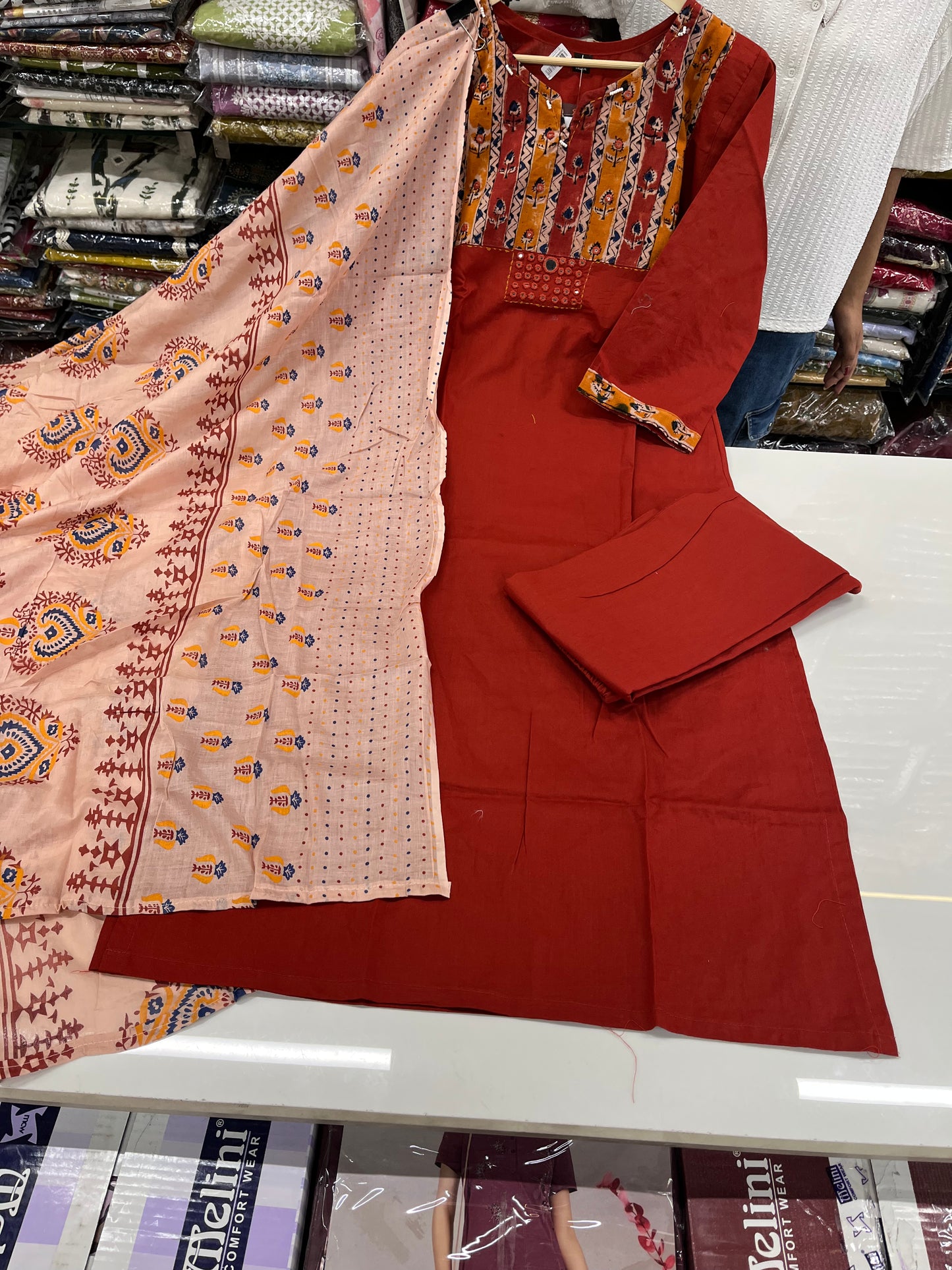 'DAABU COTTON' designer straight kurta set with premium patch work embroidery  (along with cotton dupatta)