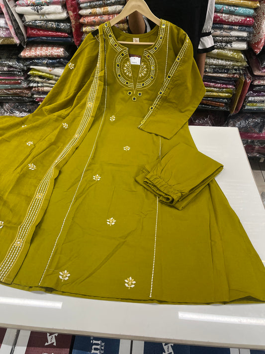 'DAABU COTTON' designer A-LINE kurta set with premium MIRRORS embroidery and KANTHA detailing's  (along with cotton dupatta)