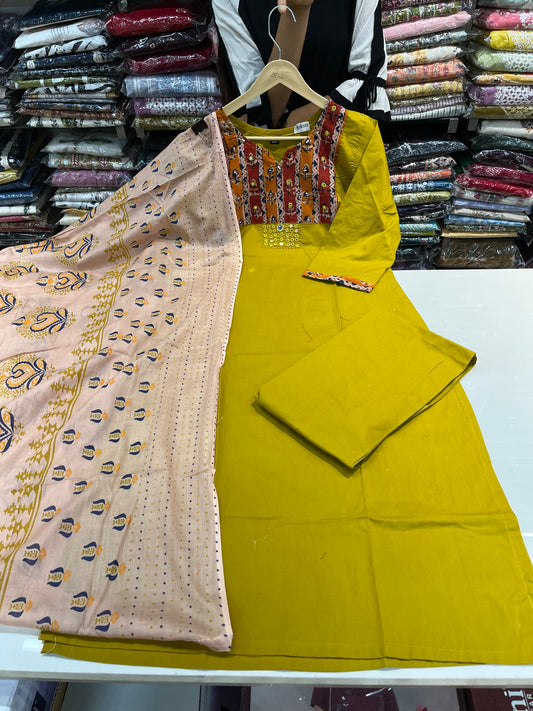 'DAABU COTTON' designer straight kurta set with premium patch work embroidery  (along with cotton dupatta)