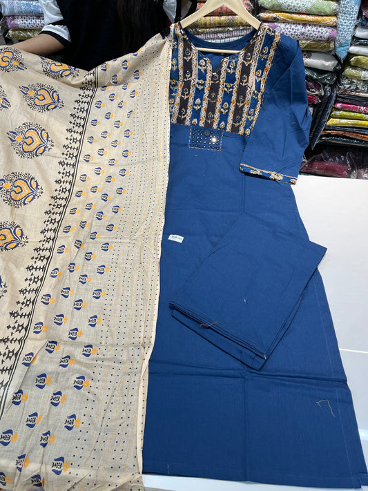 'DAABU COTTON' designer straight kurta set with premium patch work embroidery  (along with cotton dupatta)
