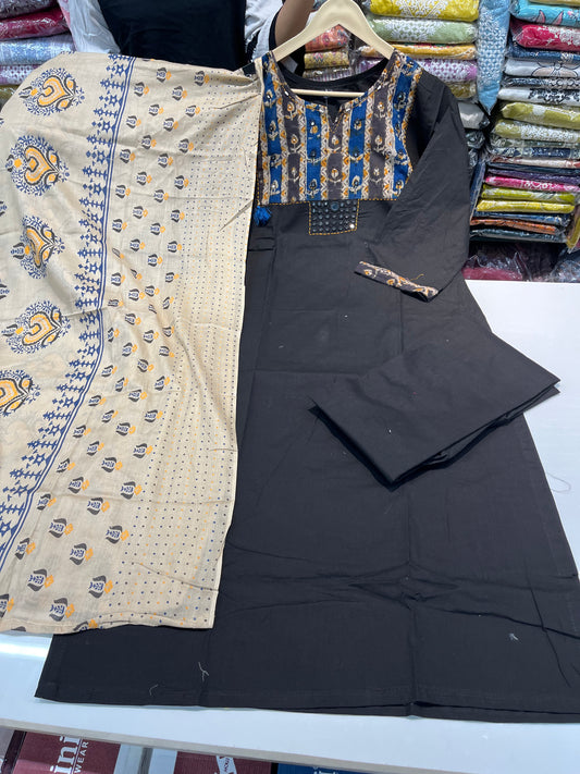 'DAABU COTTON' designer straight kurta set with premium patch work embroidery  (along with cotton dupatta)