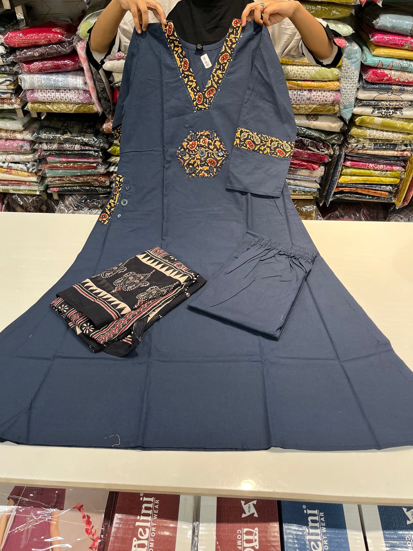 Readymade premium DAABU cotton A-line suit set 'SIDE POCKETS STYLE' with patchwork embroidery(along with print cotton dupatta)