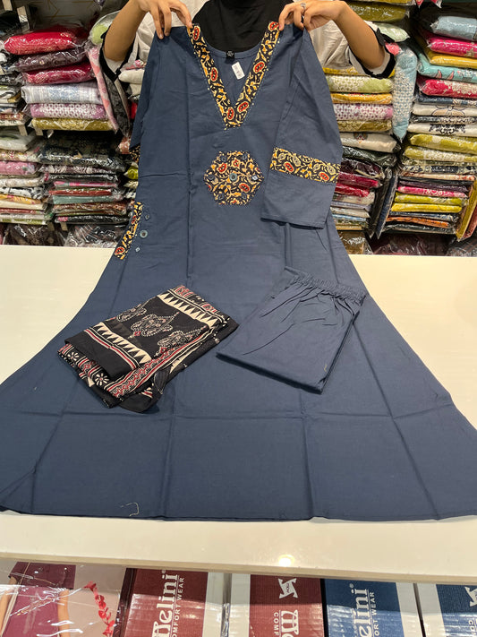 Readymade premium DAABU cotton A-line suit set 'SIDE POCKETS STYLE' with patchwork embroidery(along with print cotton dupatta)