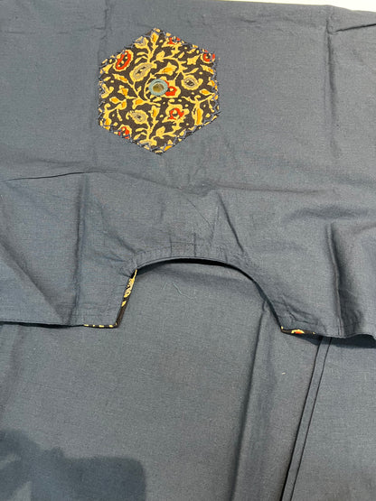 Readymade premium DAABU cotton A-line suit set 'SIDE POCKETS STYLE' with patchwork embroidery(along with print cotton dupatta)