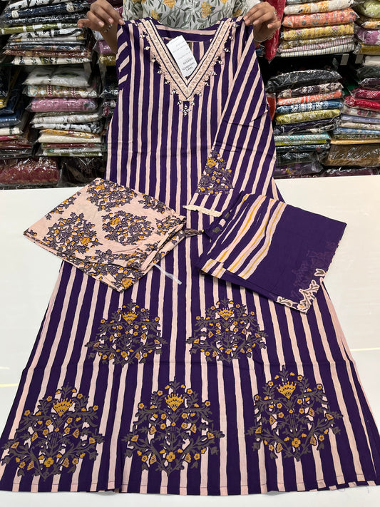 'V-NECK' digital print straight kurta set with premium lace work (along with cotton dupatta)