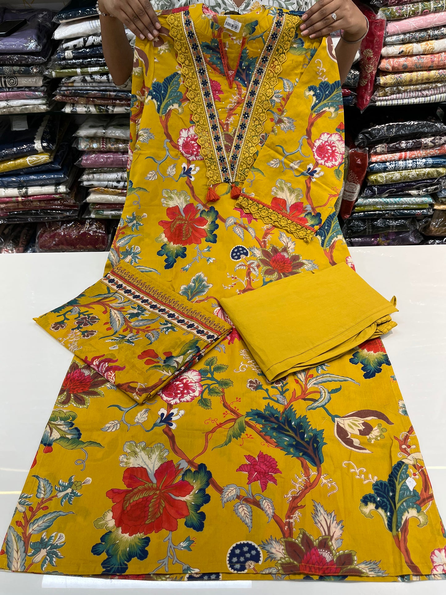PAKISTANI V-NECK digital print straight kurta set with premium lace work (along with cotton dupatta)