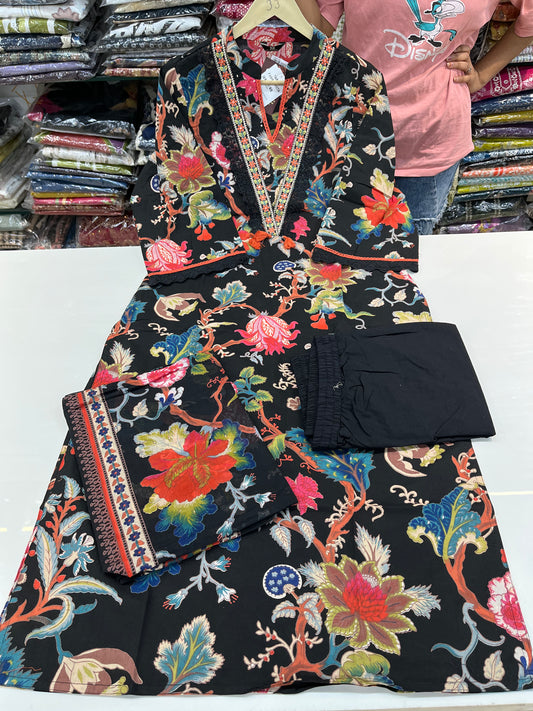PAKISTANI 'V-NECK STYLE' digital print straight kurta set with premium lace work (along with cotton dupatta)