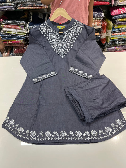 Washing cotton "DENIM" coord set with beautiful threadwork embroidery