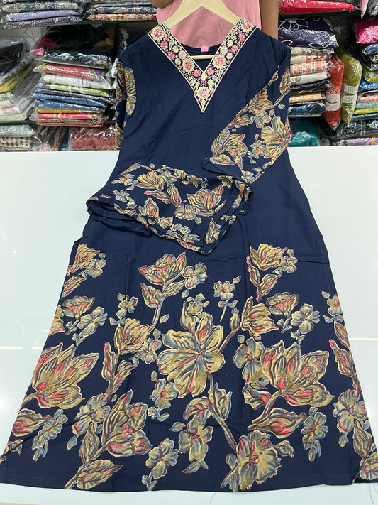 Digital rayon knee length coord set with beautiful embroidered V-NECK style