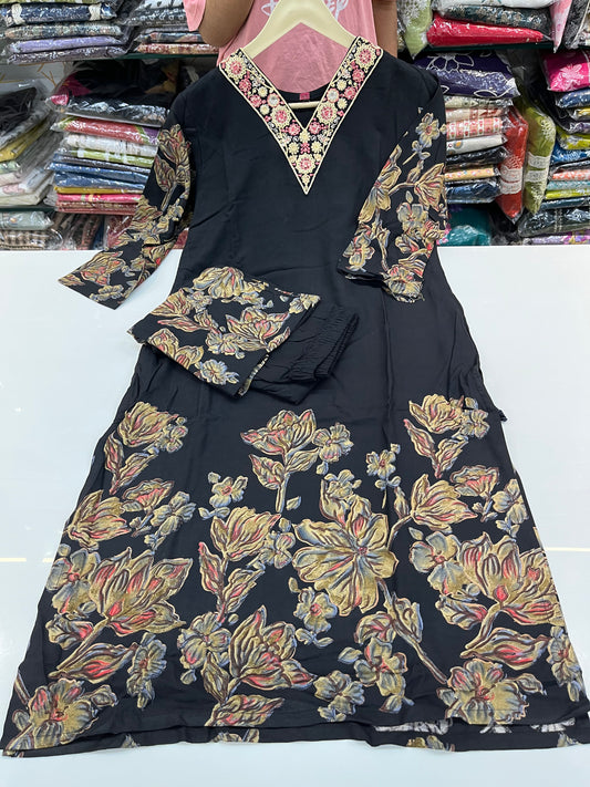 Digital rayon knee length coord set with beautiful embroidered V-NECK style
