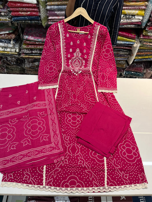 Premium jaipuri cotton A_LINE kurta set, beautiful threadwork highlighting on neckline (along with cotton dupatta)