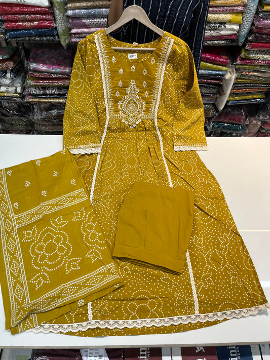 Premium jaipuri cotton A_LINE kurta set, beautiful threadwork highlighting on neckline (along with cotton dupatta)