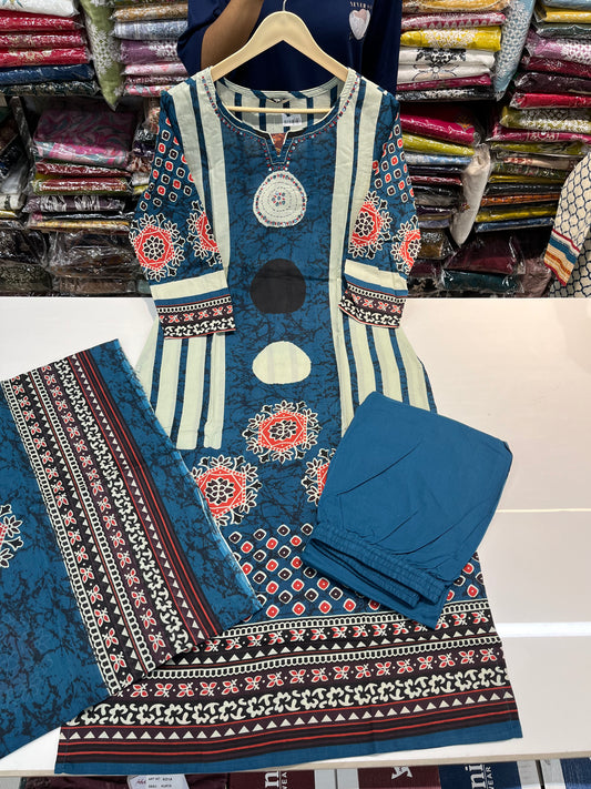 AJRAKH prints special premium kurta set, cambric cotton fabric with highlighting on neckline (along with cotton dupatta)