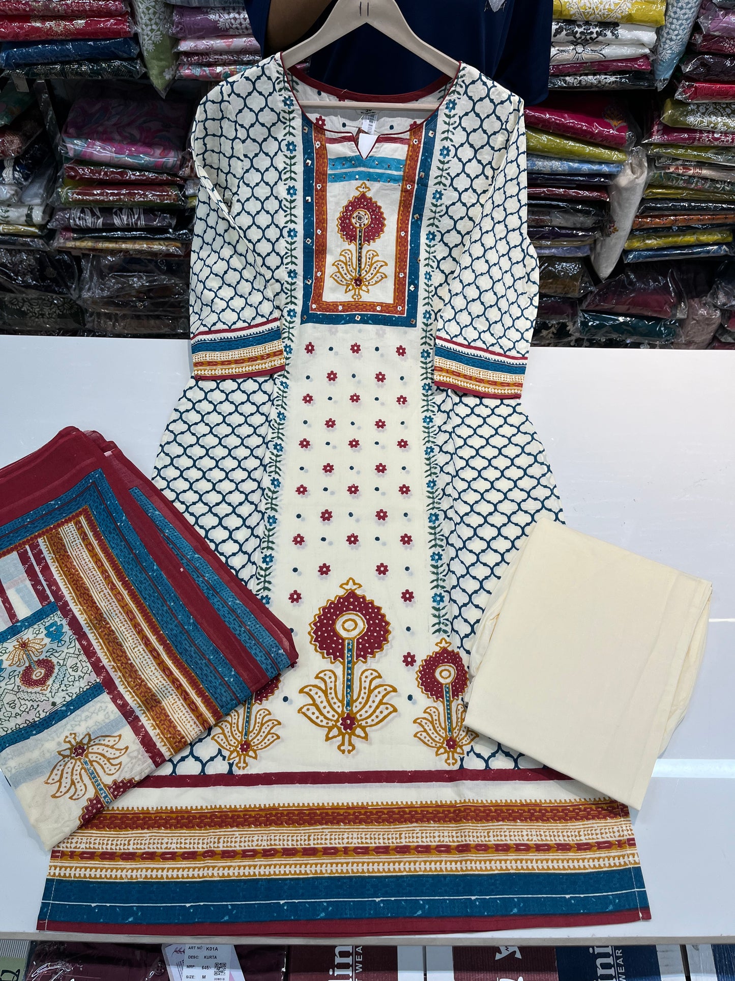 AJRAKH prints special premium kurta set, cambric cotton fabric with highlighting on neckline (along with cotton dupatta)
