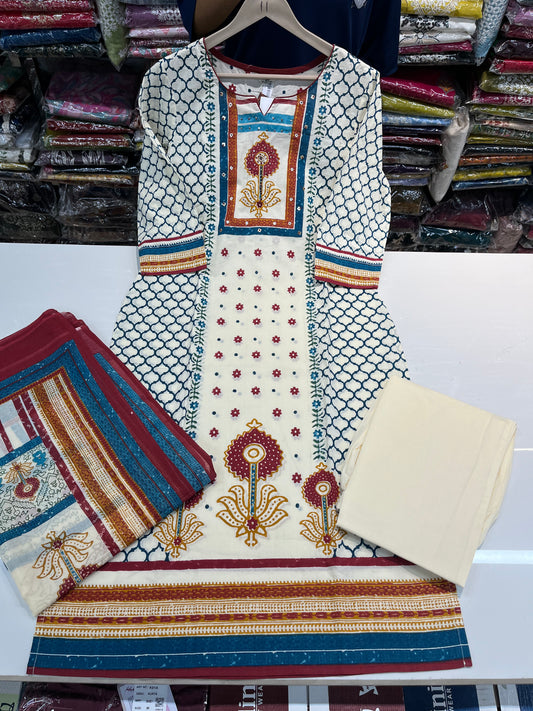 AJRAKH prints special premium kurta set, cambric cotton fabric with highlighting on neckline (along with cotton dupatta)