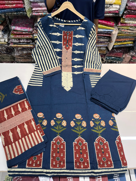 AJRAKH prints special premium kurta set, cambric cotton fabric with highlighting on neckline (along with cotton dupatta)